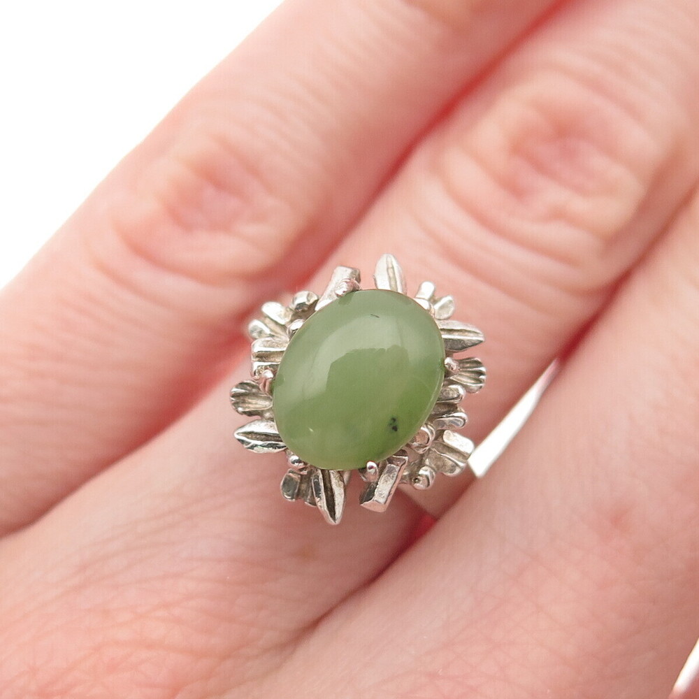 925 Sterling Silver Vintage Real Jade Modernist Ring Size 5.5